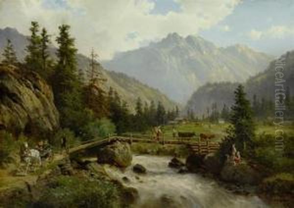 Idyllic Mountain Landscape With Travellers Oil Painting by Georg Engelhardt