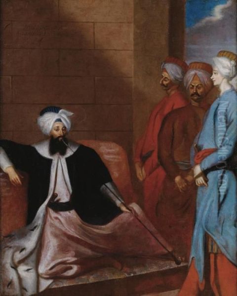 Mustafa Aga, Ottoman Ambassador To The Swedish Court With Three Attendants Oil Painting by Georg Hermann Engelhardt