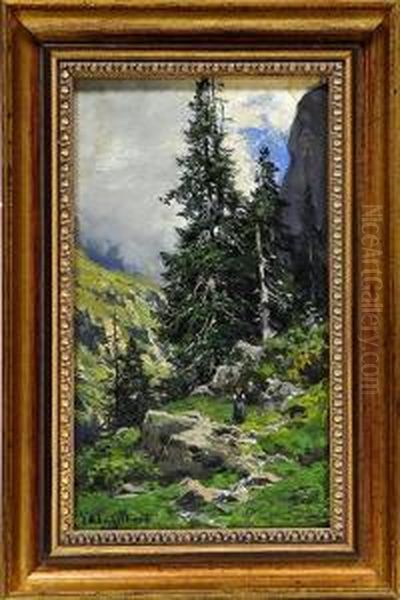 Nebelverhangene Gebirgsschlucht Mit Wanderern Oil Painting by Georg Hermann Engelhardt