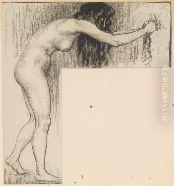 Female Nude Leaningforward Oil Painting by Josef Engelhart