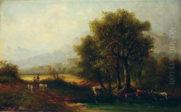 Gebirgslandschaft Mit Viehherde. Oil Painting by Ernst Julius Engelmann