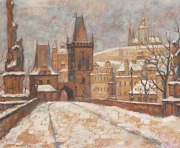 Charles Bridge In Winter Oil Painting by Ferdinand Engelmuller