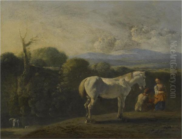 A Landscape With A White Horse And Travellers, A River Beyond, Possibly Tobias And The Angel Oil Painting by Bartholomeus Engels