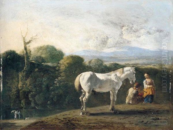 A Landscape With A White Horse And Travellers Resting In The Foreground, Figures Beside A River On The Left (possibly Representing Tobias And The Angel) Oil Painting by Bartholomeus Engels