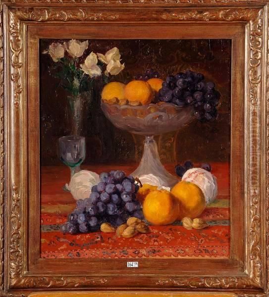 Nature Morte Aux Roses Et Aux Fruits Oil Painting by Leo Engels