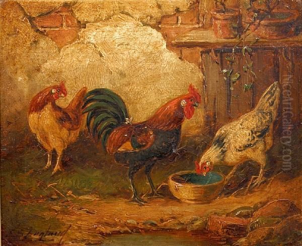 Chickens And Cockerell Feeding, And Another Similar Oil Painting by E.S. England