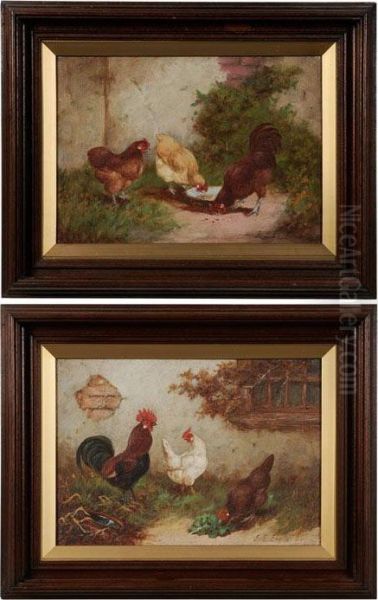 Pair Of Paintings: Chickens Feeding In A Farm Yard Oil Painting by E.S. England