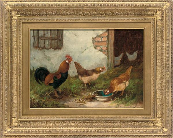 Feeding Time; And Chickens In The Yard Oil Painting by E.S. England