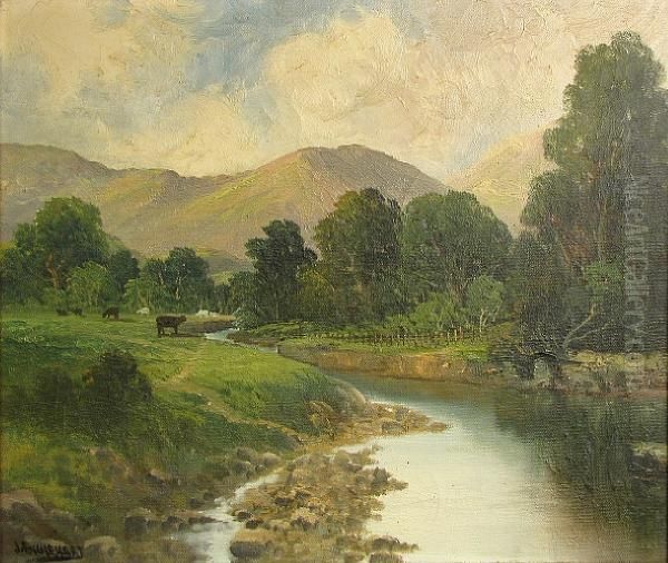 River Landscape With Mountains In Thedistance Oil Painting by John Joseph Englehardt