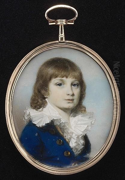 A Boy, Wearing Royal Blue Coat With Large Brass Buttons, Cream Waistcoat And White Chemise With Frilled Wide Collar. Oil Painting by George Engleheart