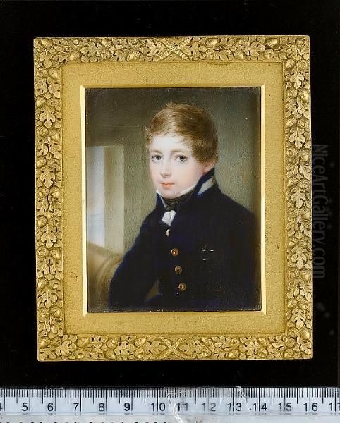 Augustus Morgan R.n., As A Young Midshipman, Wearing Blue Uniform, The Gold Buttons Stamped With Anchors, Frilled White Chemise And Tied Black Stock, A Cannon And Gun Port In The Background Oil Painting by John Cox Dillman Engleheart