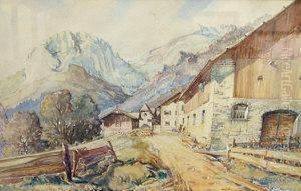 Alpine Village Scene Oil Painting by Friedrich Georg Engler