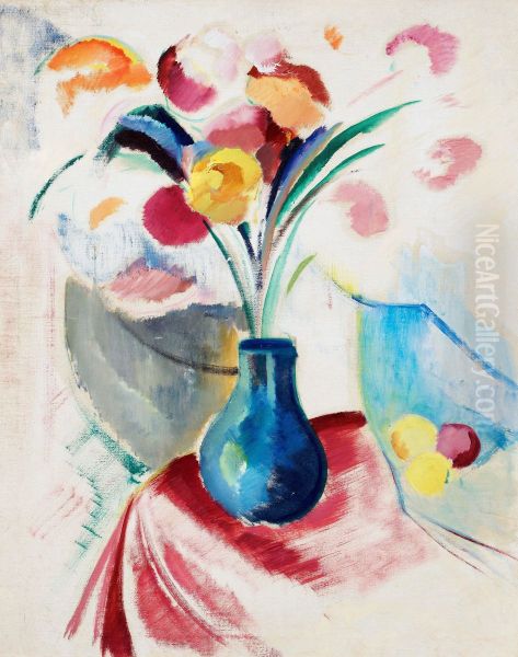 Still Life In Blue Vase Oil Painting by Leander Engstrom