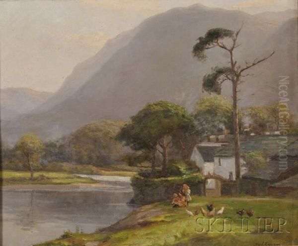 View Of Children By A Lake Oil Painting by Augustus William Enness