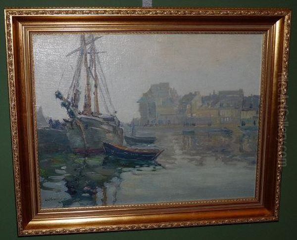 Boats In A Harbour. Oil Painting by Augustus William Enness