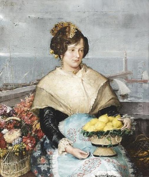 Junge Spanische Trachtenfrau Mit Zitronenkorb. Oil Painting by Rafael Enriquez