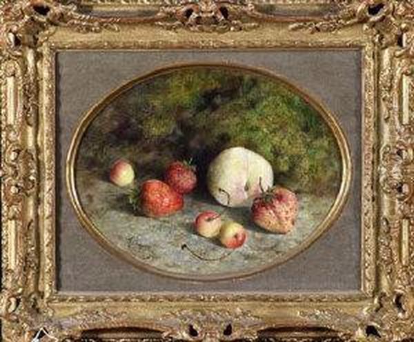 A Still-life Study Of Strawberries, Cherries And A Peach In A Hedgerow Oil Painting by Mary Ensor