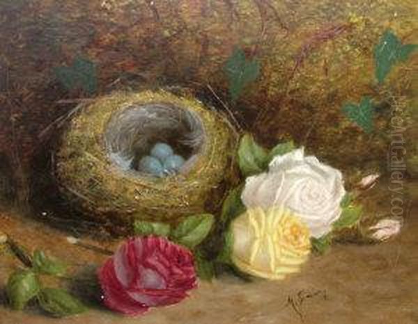 Still Life Of A Birds Nest And Roses Oil Painting by Mary Ensor