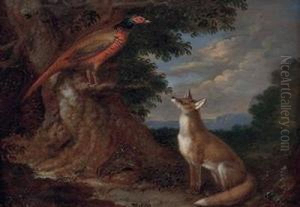 Fuchs Und Fasan In Landschaft Oil Painting by Anton Enzinger