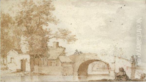 A Bridge Over A Canal, With A Draughtsman Seated In The Foregroundand Cottages On The Opposite Bank Oil Painting by Johannes Episcopius