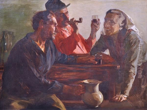 Gathering At The Tavern Oil Painting by Jehudo Epstein