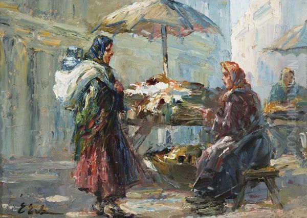 Market Vendors Oil Painting by Erno Erb