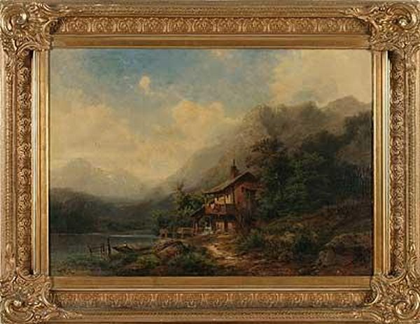 Alpenlandisches Gehoft Am See Oil Painting by Julius Erbe