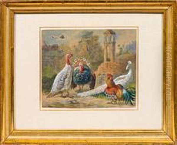 Pittoreskehofszene Mit Truthahnpaar, Pfau Und Hahn Oil Painting by Robert Erbe