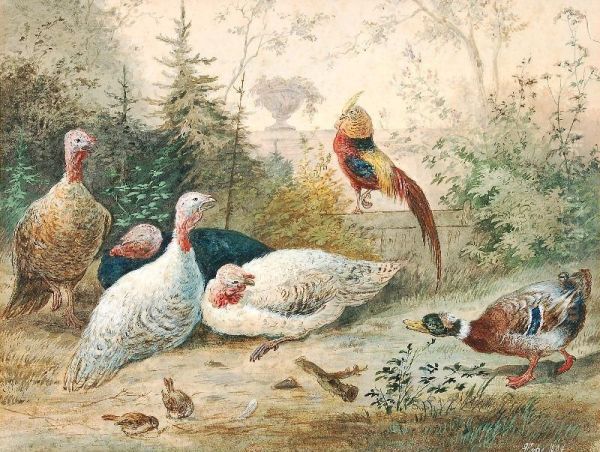 Fowls In The Garden Oil Painting by Robert Erbe