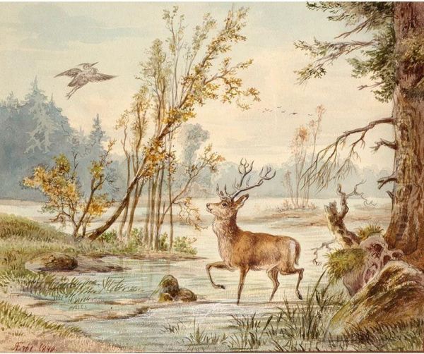 A Deer And A Heron In A Marsh Landscape Oil Painting by Robert Erbe