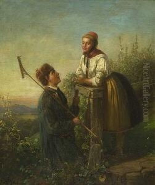 Unterhaltung Am Zaun. Oil Painting by Ludwig Erdmann