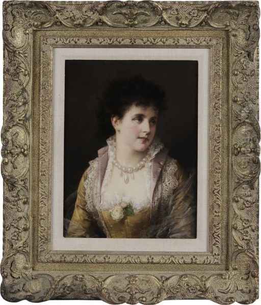 Portrait Of A Young Beauty In Pearls And Lace Oil Painting by Otto Erdmann