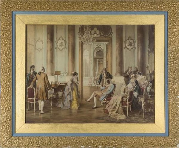 European Nobility, In A Well-furnished Room With Tall Windows And A Chandelier. Oil Painting by Otto Erdmann