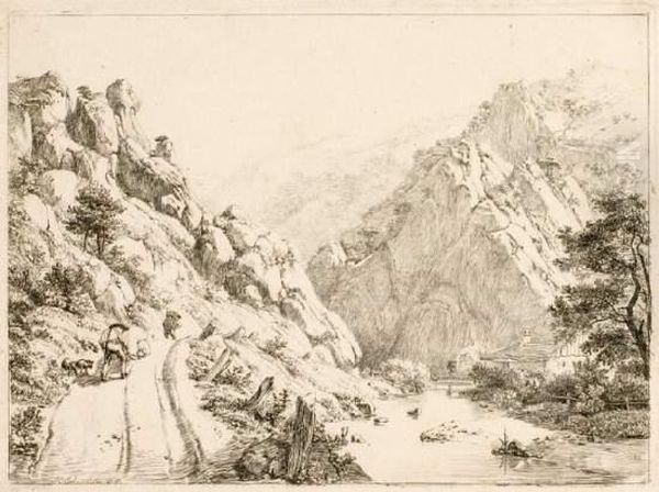 Flusslandschaft Im Gebirge Mit Bauern Oil Painting by Johann Christoph Erhard