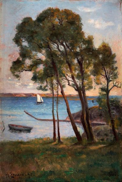 Coastal View From Saro With Sailboat Oil Painting by Johan Erik Ericson