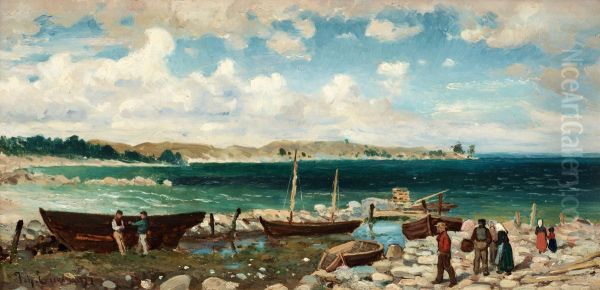 Coastal Landscape With Harbour Oil Painting by Johan Erik Ericson