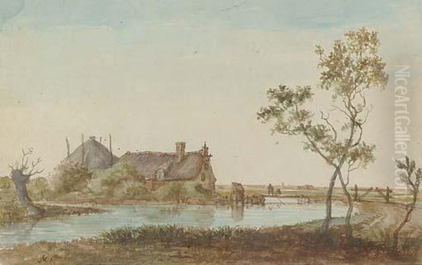 A Farmhouse On A River Bank Oil Painting by Anthonie Erkelens