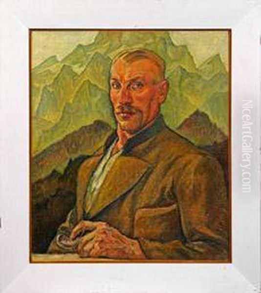 Brustportrait Einesmannes Vor Alpenkulisse Oil Painting by Fritz Erler