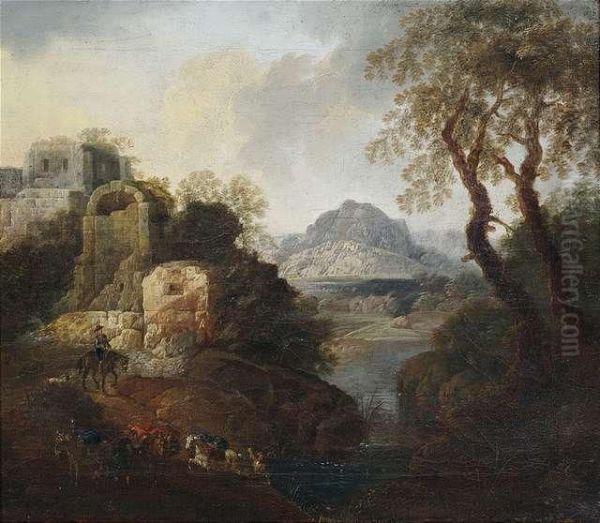 Two River Landscapes With Travellers At Ruins Oil Painting by Johann Franz Ermels