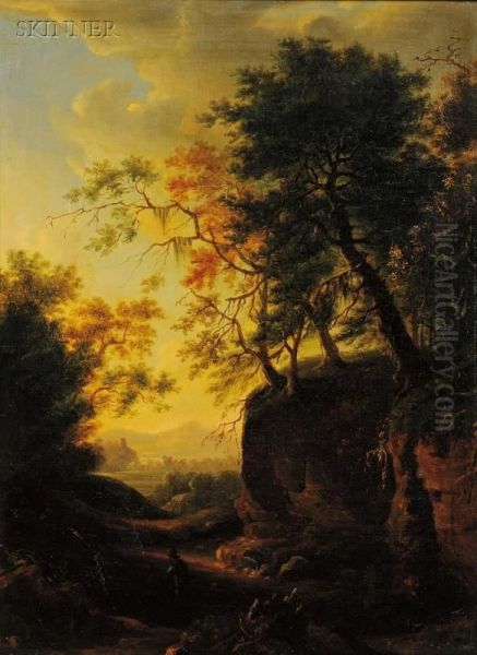 Figures In A Bucolic Landscape Oil Painting by Johann Franz Ermels