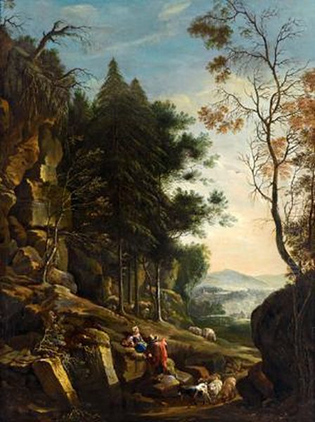 Paesaggio Boschivo Con Sullo Sfondo Montagne E Figure Oil Painting by Johann Franz Ermels