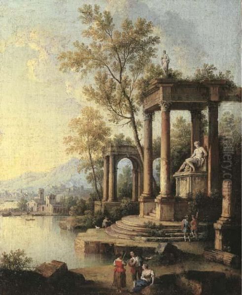 A Coastal Landscape With Figures By Classical Ruins, A Port Beyond Oil Painting by Johann Franz Ermels