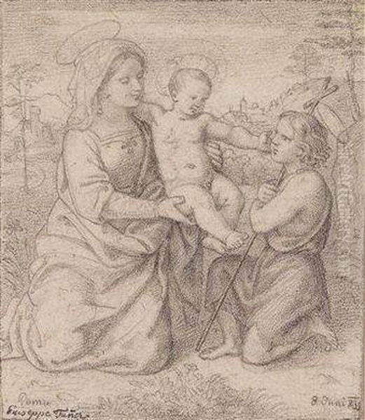 Madonna With Boy Jesus And St. John The Baptist;madonna With Child Oil Painting by Joseph Ernst Tunner