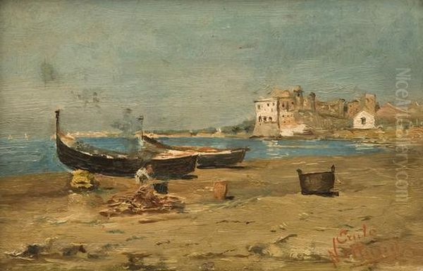 Veduta Di Nettuno Con Pescatori E Barche A Riva Oil Painting by Erulo Eroli