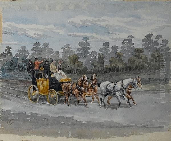 A Coach Party Travelling Through The Bush, Apair Oil Painting by Arthur Esam