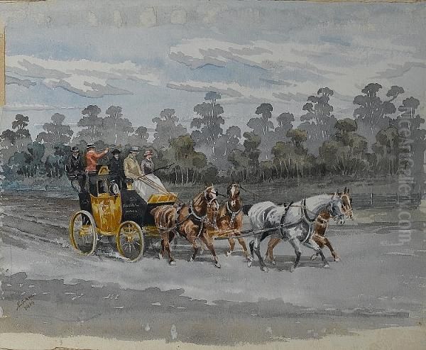 A Coach Party Travelling Through The Bush, A Pair Oil Painting by Arthur Esam