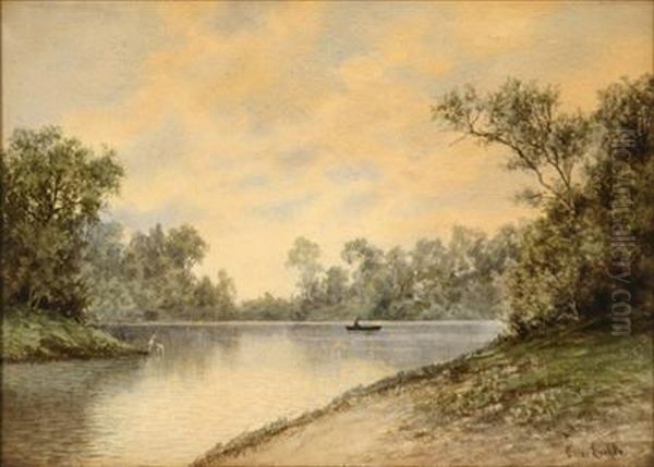 A Summer River Landscape Oil Painting by Oskar Eschke