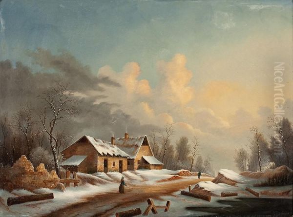 Verschneite Winterlandschaft Mit Personen Auf Der Dorfstrase Oil Painting by Jules Escuyer