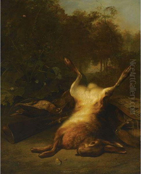 Game Still Life Of A Dead Hare, Two Partridges And Hunting Gear Ina Forest Landscape Oil Painting by Joannes Esman