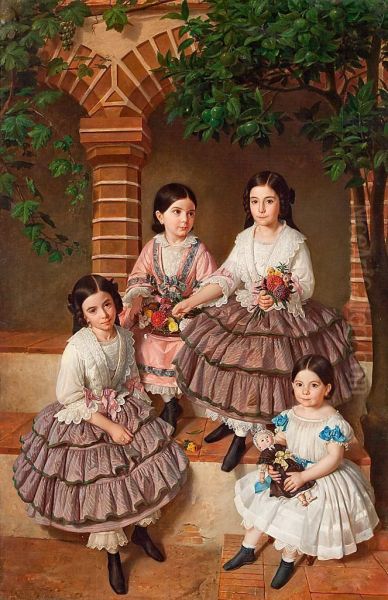 Retrato De Las Ninas De La Familia Coronas (joaquina, Mercedes, Rosa Y Gertrudis) Oil Painting by Joaquin Espalter Y Rull